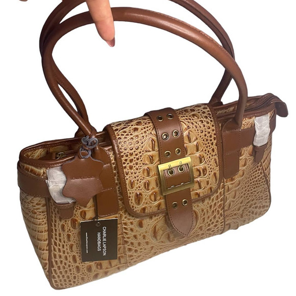 Charlie Lapson Leather Handbag DEFECT Croc Embossed Satchel NWT - Picture 5 of 16